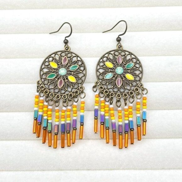 Copper with Green Opal Crystal Enamel Beaded Boho Dream Catcher Hook Earrings - Picture 3 of 9